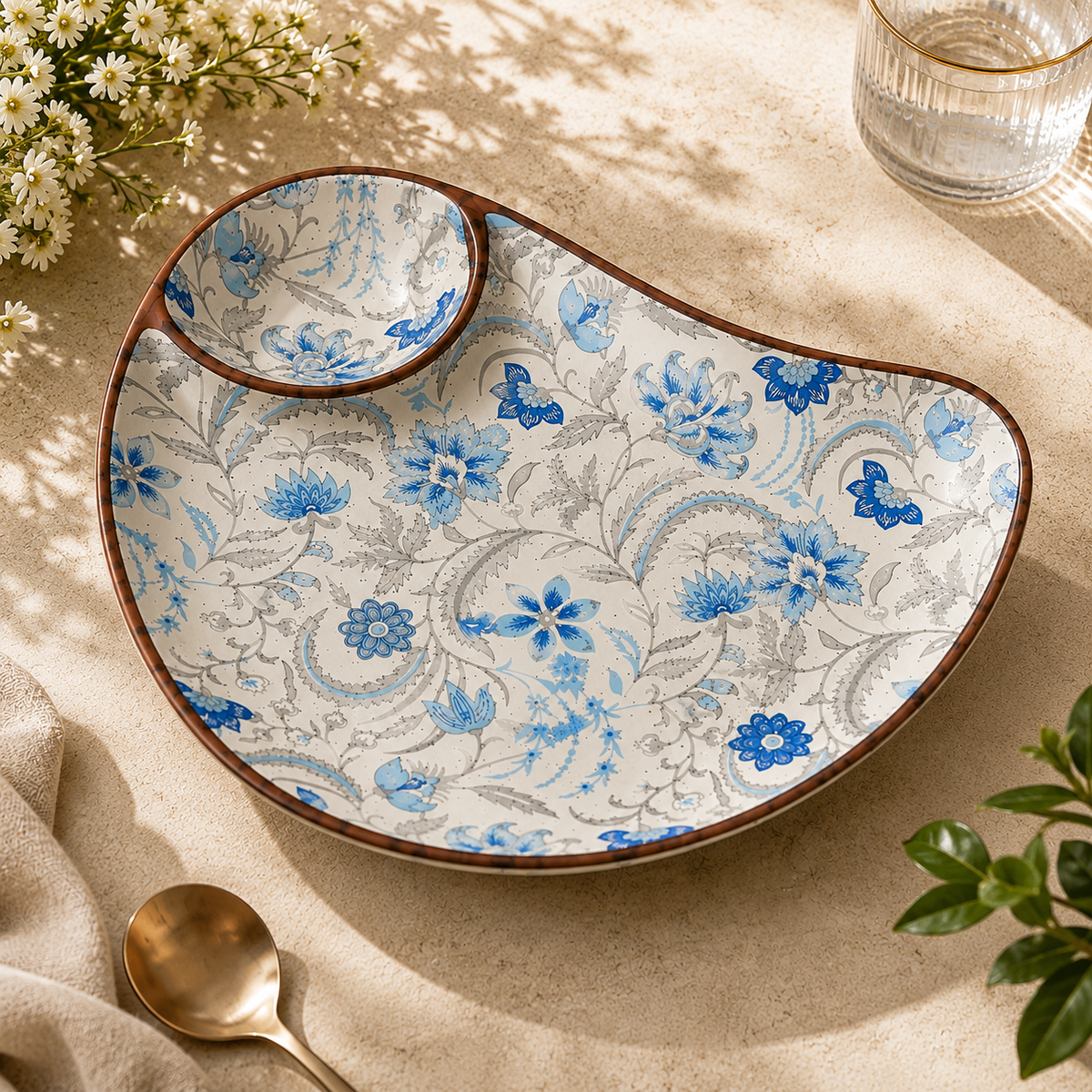 Blue floral ceramic platter with dip bowl