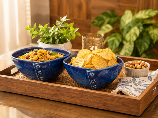 Navy Blue Button Detail Ceramic Snack Bowl