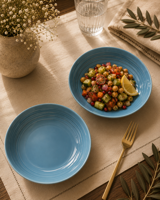 Powder Blue Ridged Ceramic Pasta Bowl