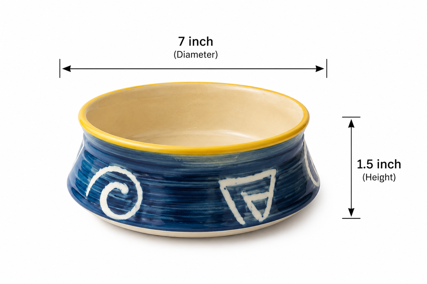 Blue Tribal Motif Ceramic Curry Bowl with Yellow Rim
