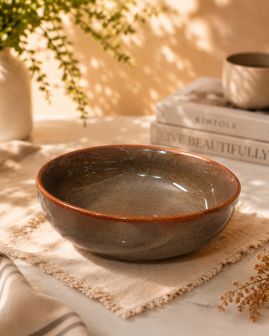 Grey Glaze Ceramic Pasta Bowl with Terracotta Rim