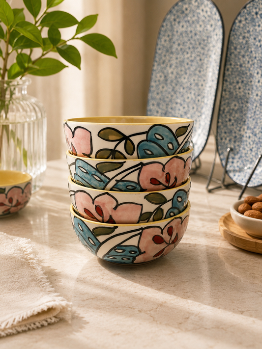 Hand-Painted Floral Ceramic Bowl Set