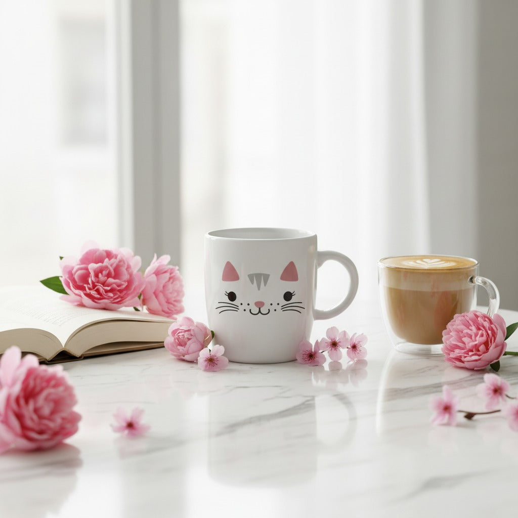 Two cat face ceramic mugs on a pink table with macarons, peonies and bokeh lights