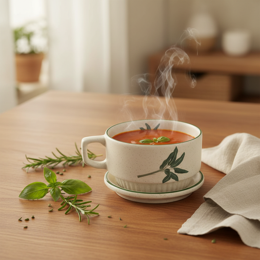 Botanical ceramic soup cup with flat plate filled with soup lifestyle shot