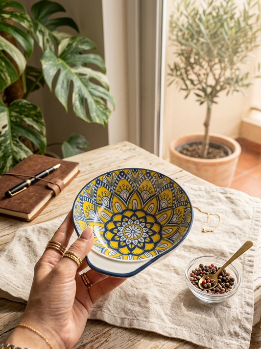Yellow Mandala Ceramic Bowl with Thumb Rest