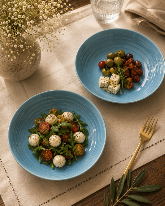 Powder Blue Ridged Ceramic Pasta Bowl