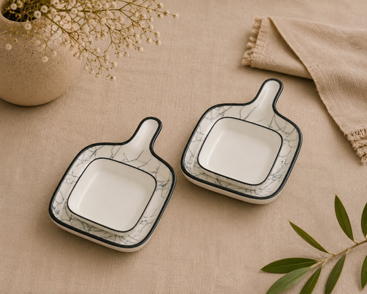 Crackle-Line Square Ceramic Dip Bowls with Handle , Set of 2
