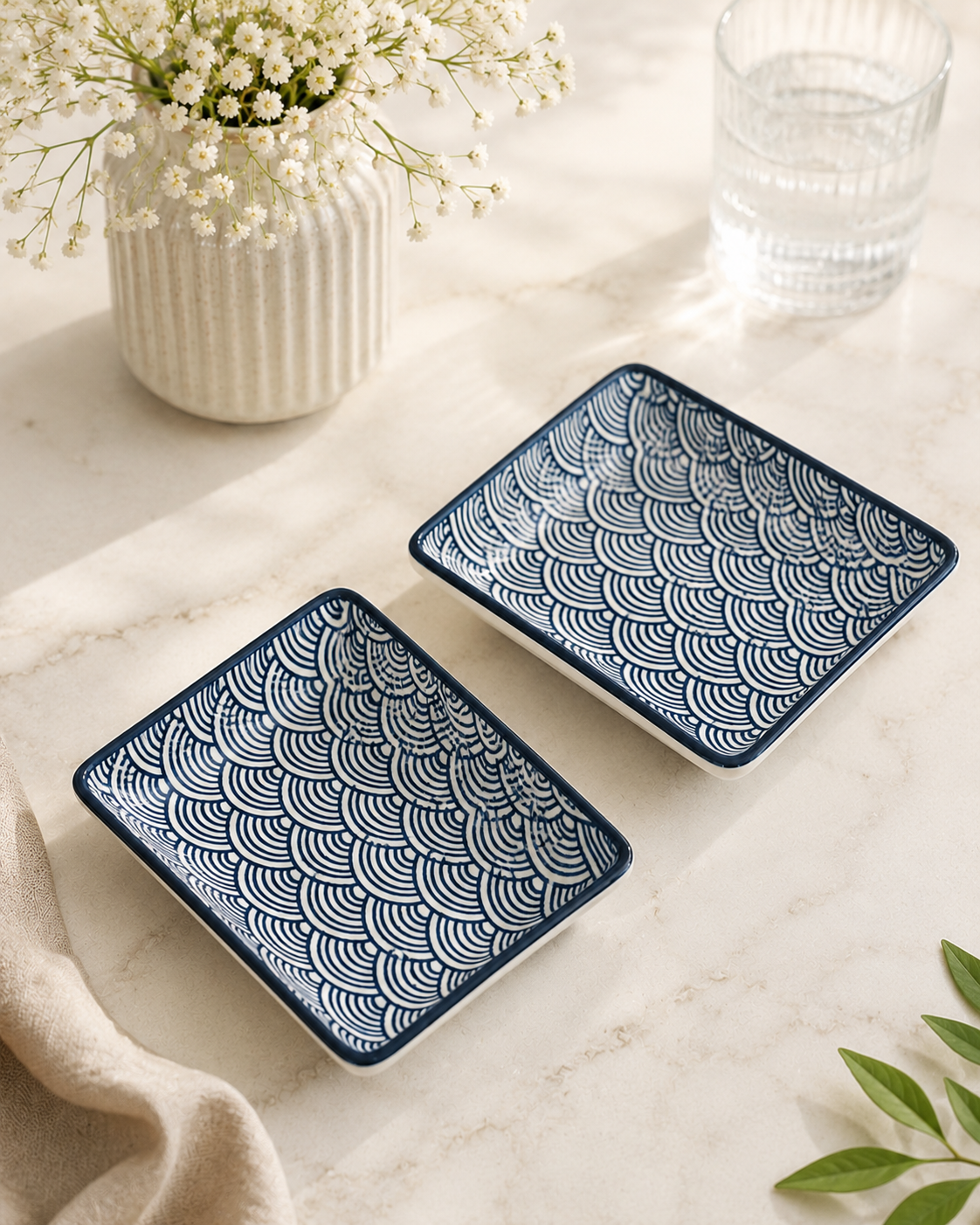 Turkish Blue Wave Ceramic Dip Bowls , Set of 2