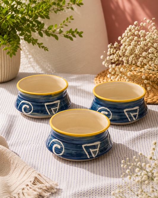 Blue Tribal Motif Ceramic Curry Bowl with Yellow Rim
