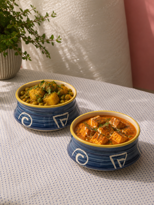 Blue Tribal Motif Ceramic Curry Bowl with Yellow Rim