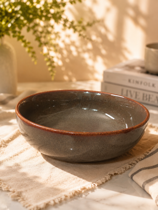 Grey Glaze Ceramic Pasta Bowl with Terracotta Rim