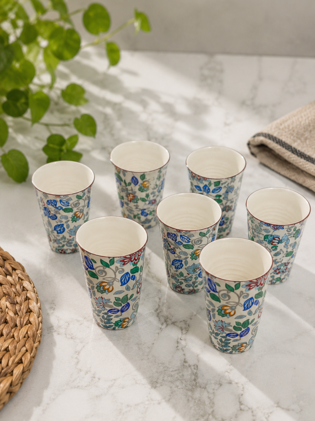 Hand-Painted Floral Ceramic Chai Cup Set of 6