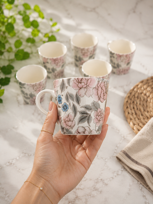 Peony Floral Ceramic Cup Set of 6