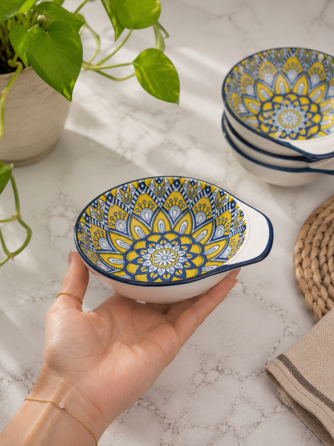 Yellow Mandala Ceramic Bowl with Thumb Rest