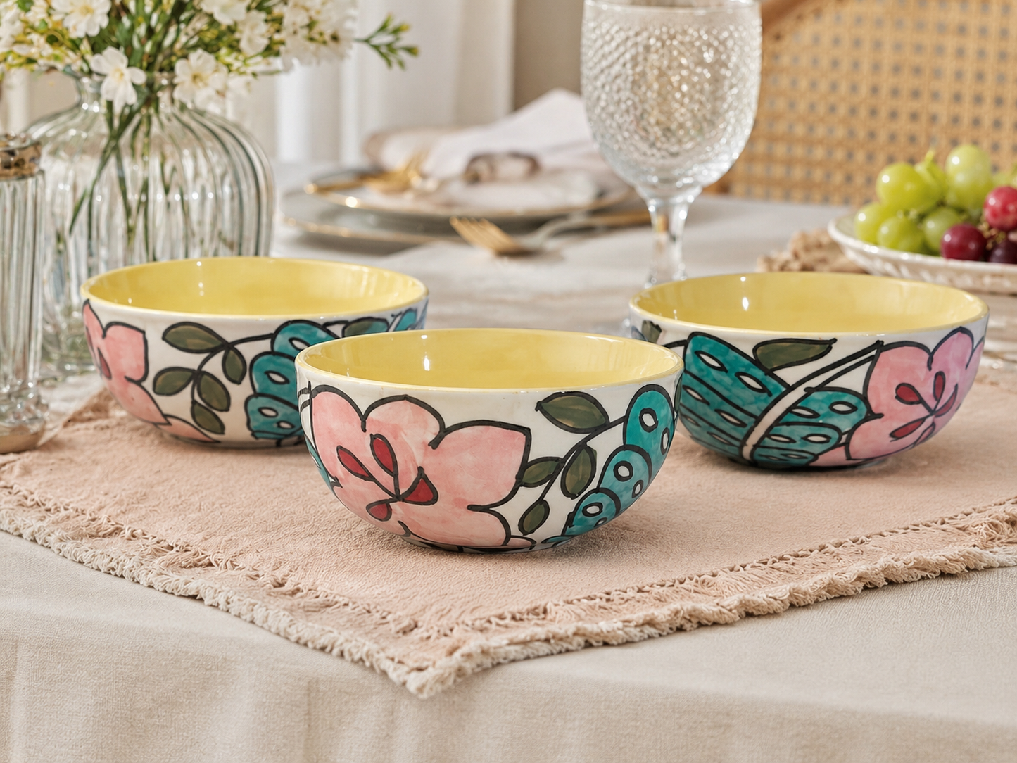 Hand-Painted Floral Ceramic Bowl Set