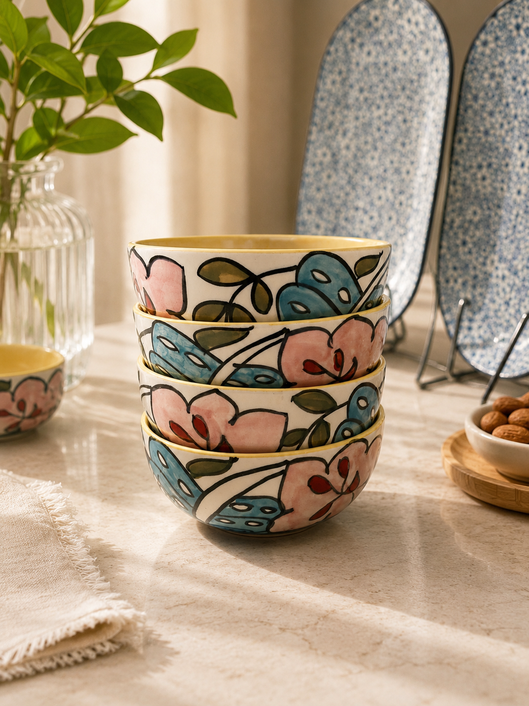Hand-Painted Floral Ceramic Bowl Set