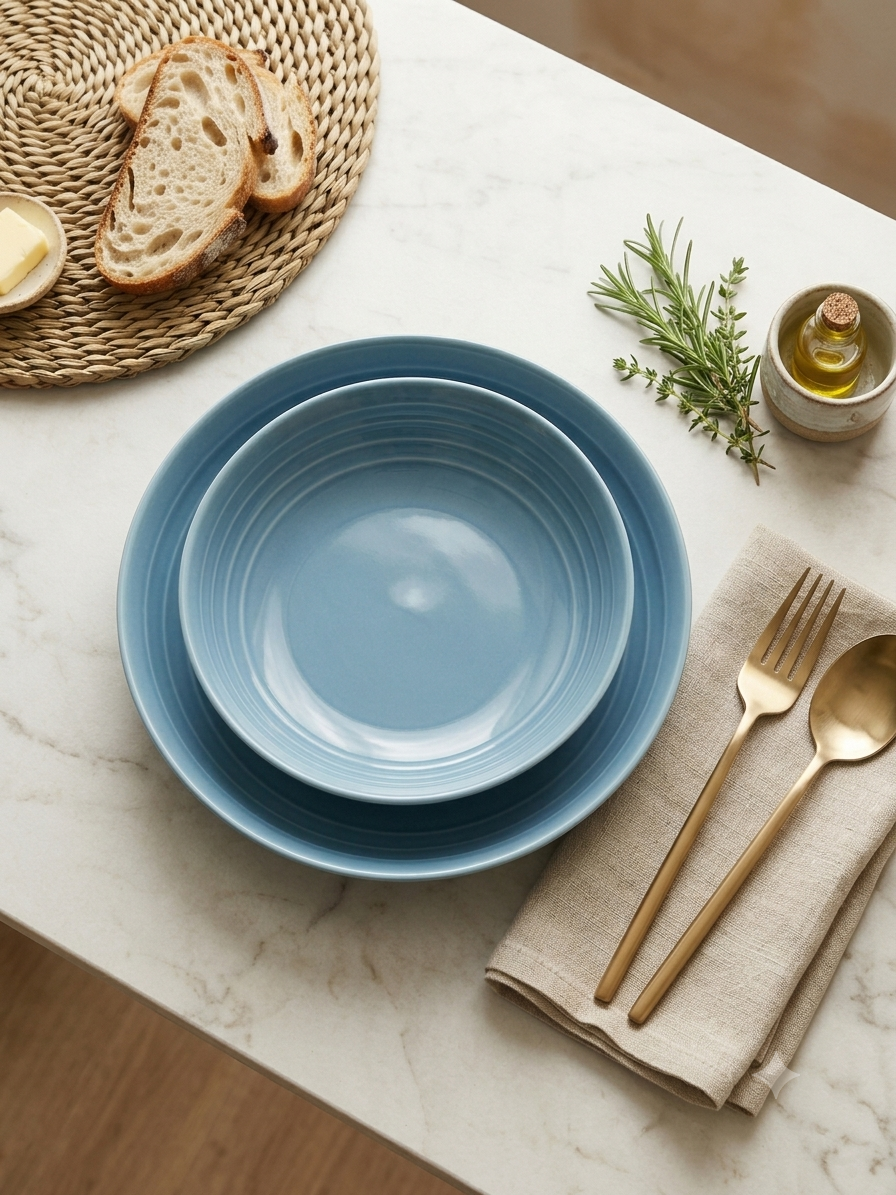 Powder Blue Ridged Ceramic Pasta Bowl