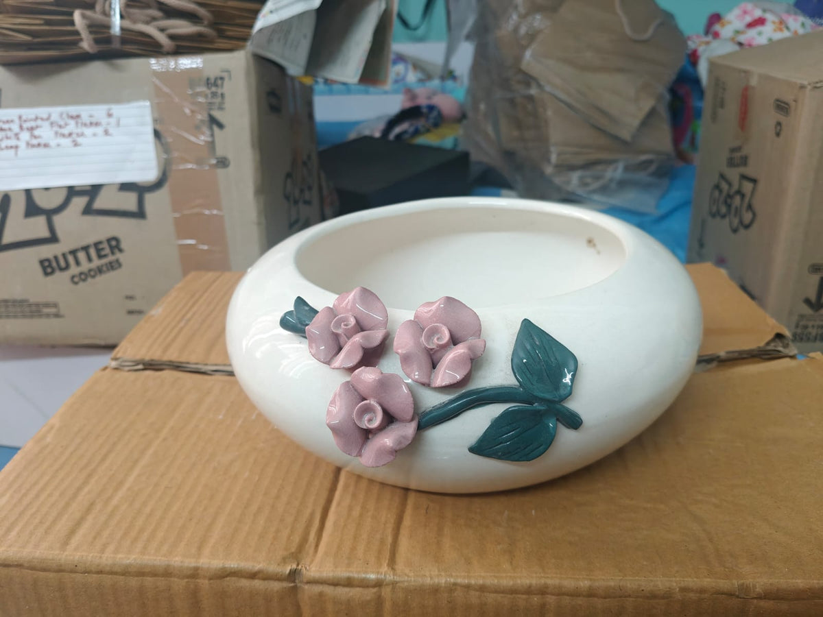 Handcrafted ceramic planter with pink rose 3D floral appliqué