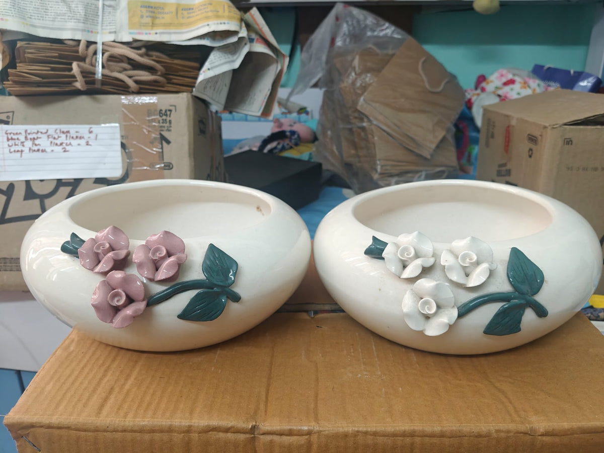 Handcrafted ceramic planter with white flower 3D floral appliqué