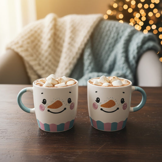 Single snowman ceramic mug on a marble surface surrounded by pine cones, cinnamon sticks, and fairy lights