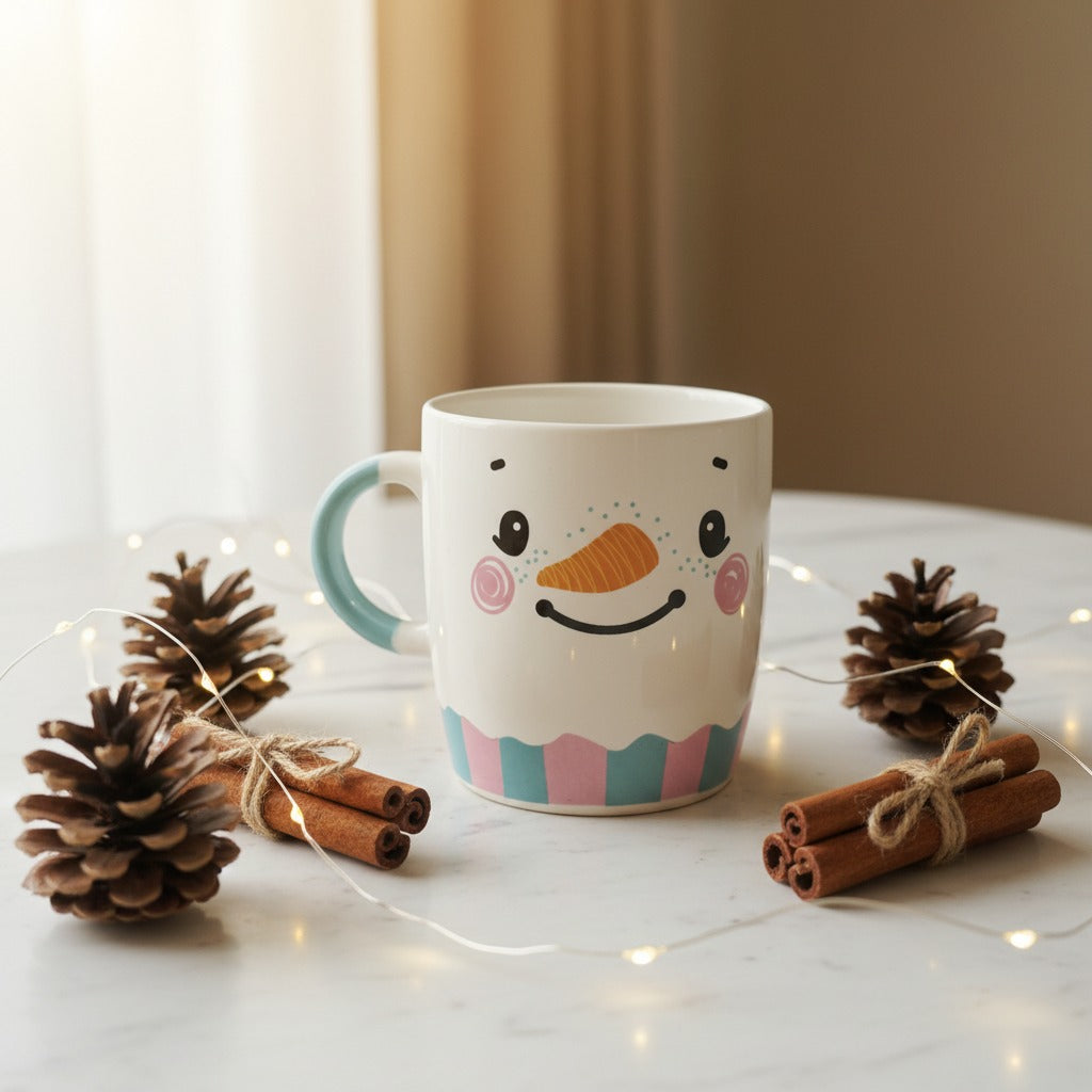 Two snowman ceramic mugs filled with hot cocoa and marshmallows on a wooden table with festive bokeh lights