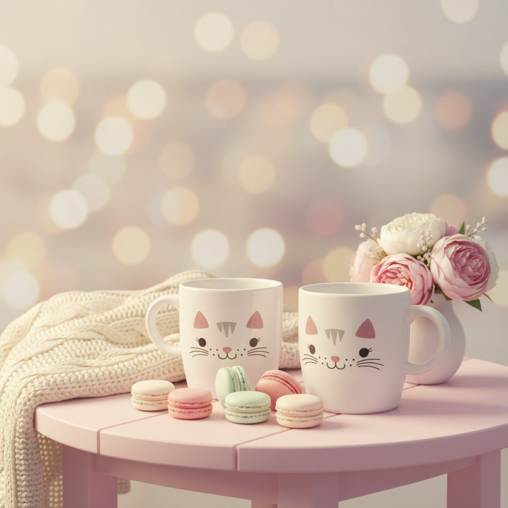 Cat face ceramic mug on marble surface with pink peonies, cherry blossoms and a latte glass