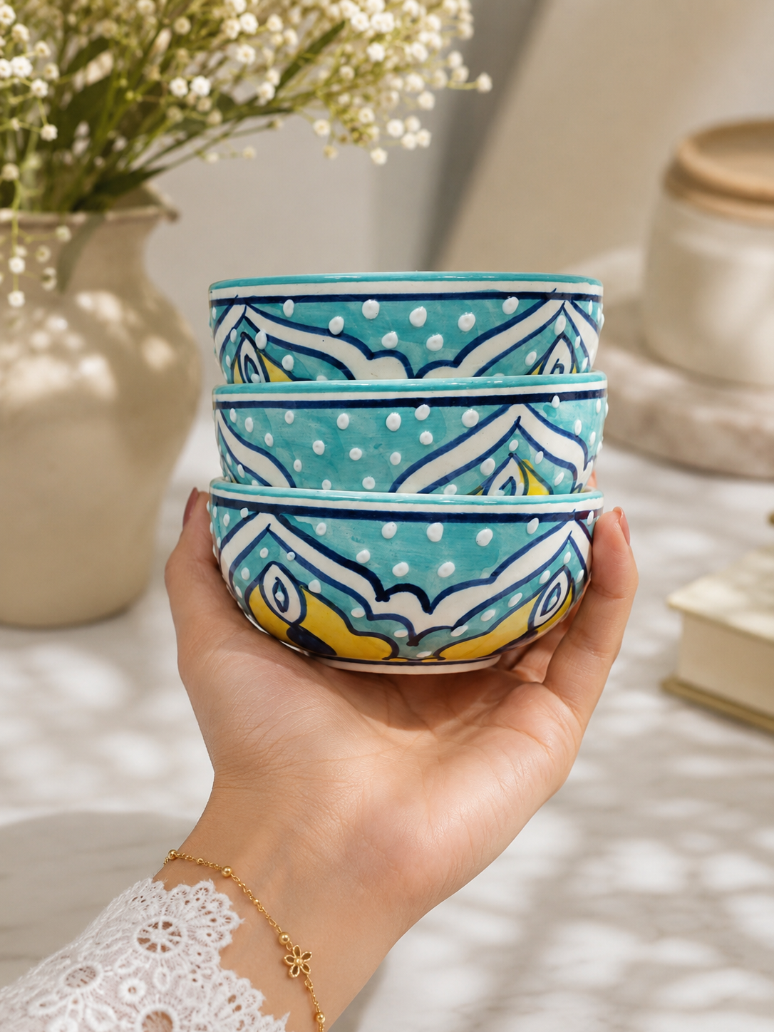 Teal Hand-Painted Ceramic Dessert  Bowl