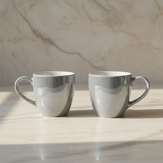 Silver glaze ceramic mugs hero shot on neutral background