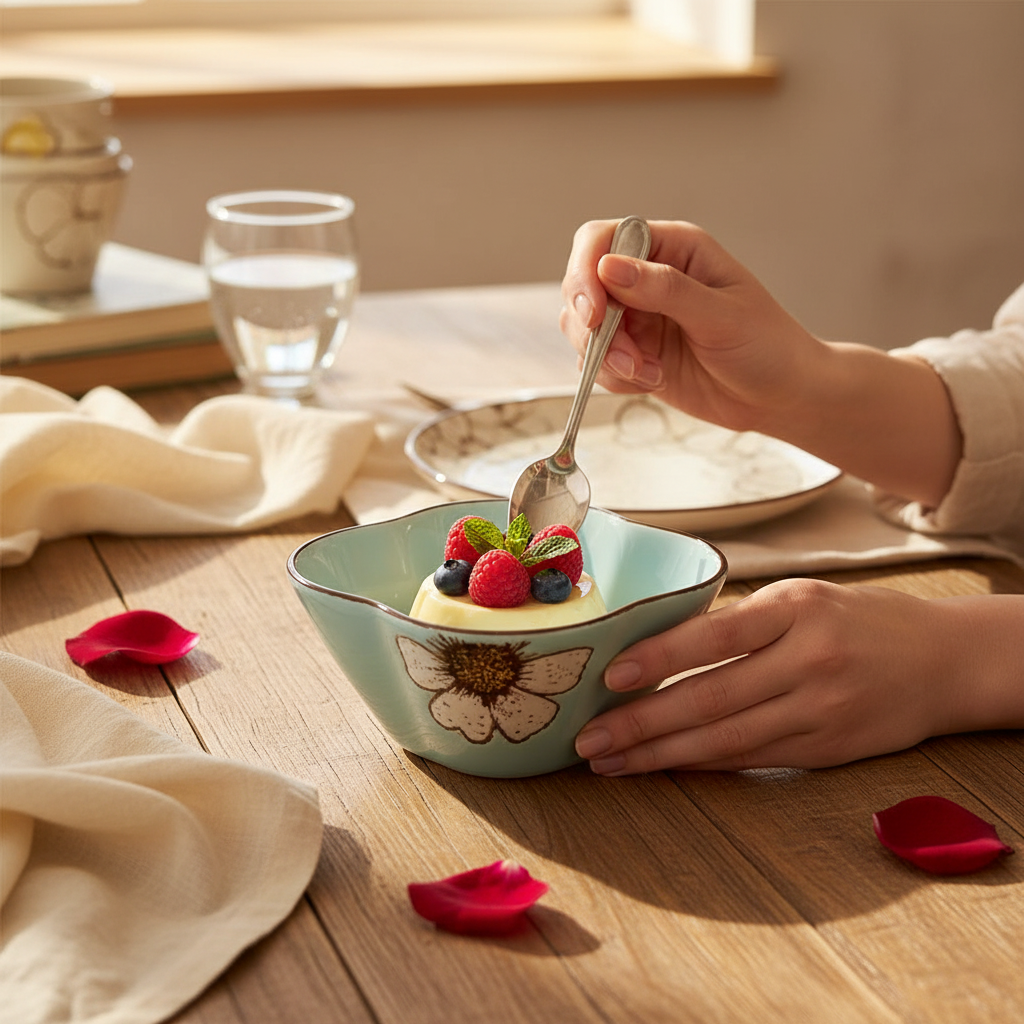 Sky blue dessert bowl lifestyle — family dining table