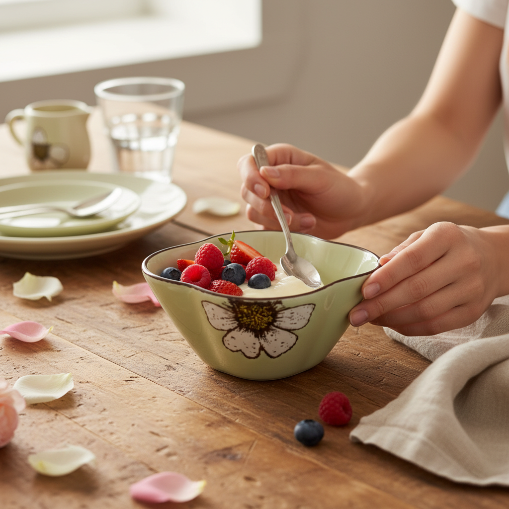 Mint green dessert bowl lifestyle — family dining table