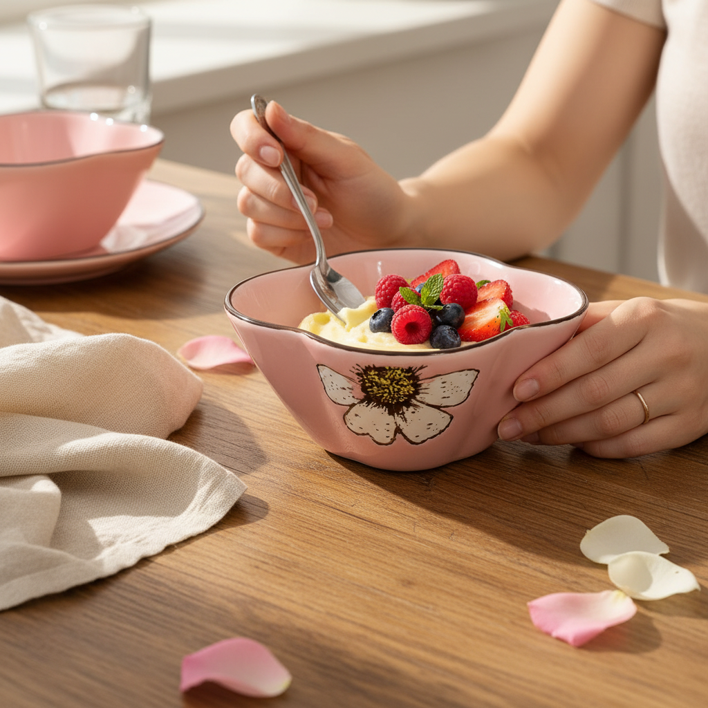Pink dessert bowl lifestyle — family dining table