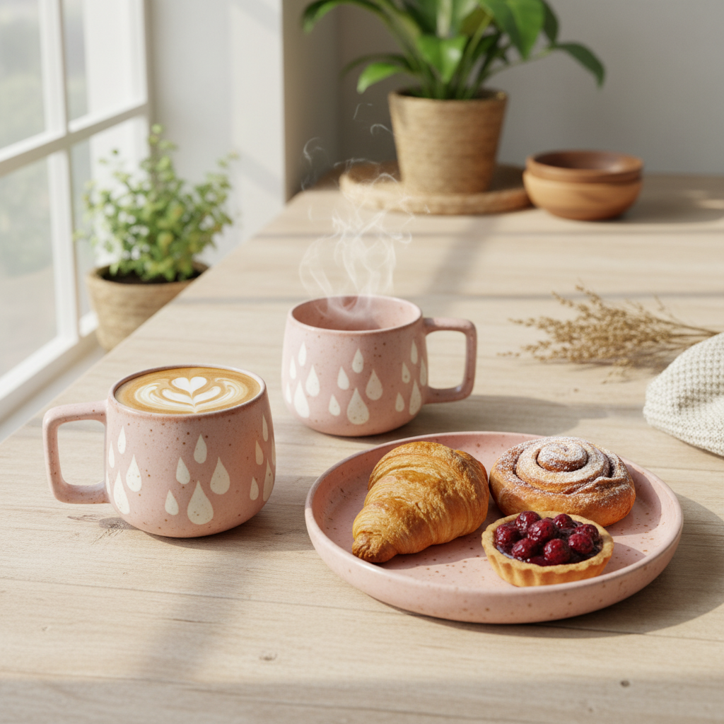 Raindrop ceramic mugs editorial cafe lifestyle shot