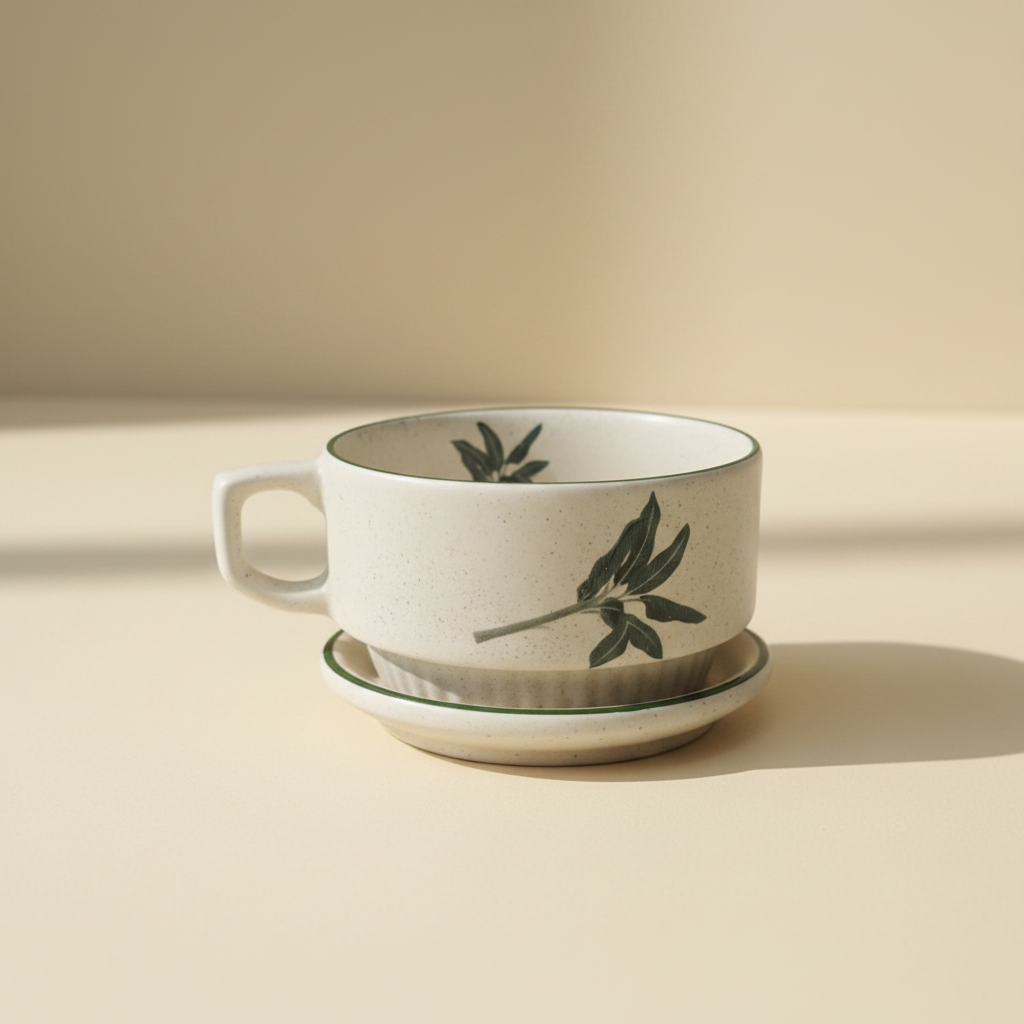 Botanical ceramic soup cup with flat plate base hero shot
