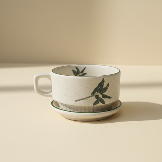 Botanical ceramic soup cup with flat plate base hero shot