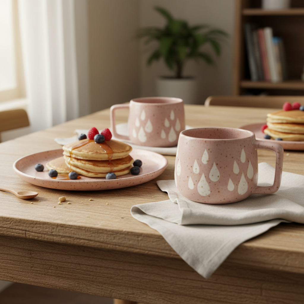 Raindrop ceramic mugs lifestyle shot paired with platter