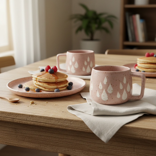 Raindrop ceramic mugs lifestyle shot paired with platter