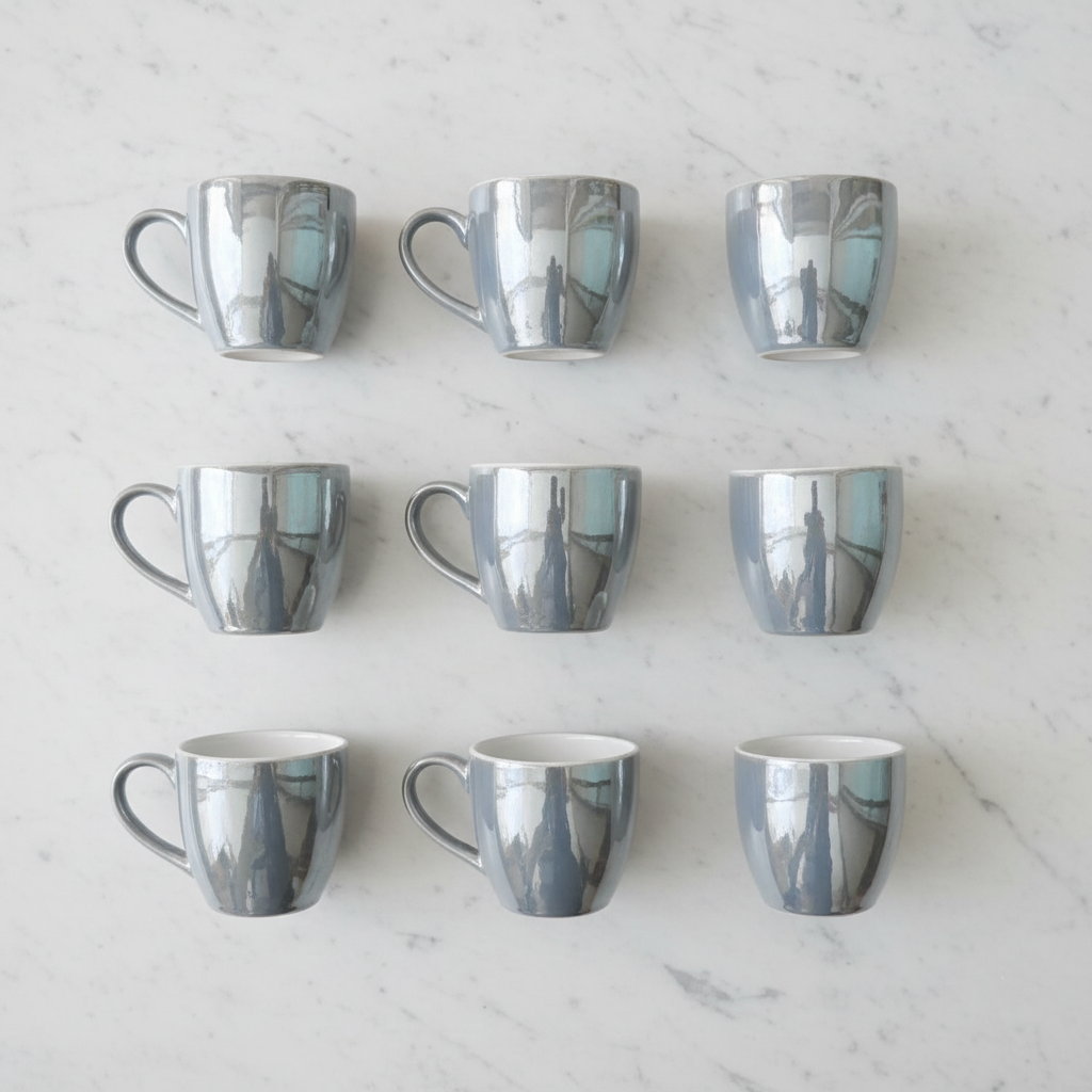 Set of 6 silver glaze ceramic mugs flat lay overhead shot