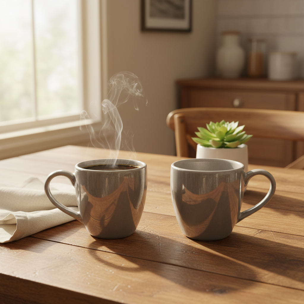 Silver glaze ceramic mugs lifestyle morning coffee shot
