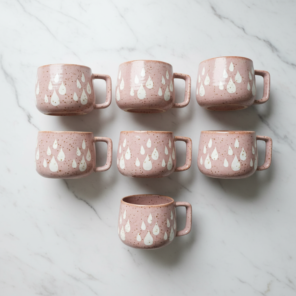 Set of 6 raindrop ceramic mugs flat lay overhead shot