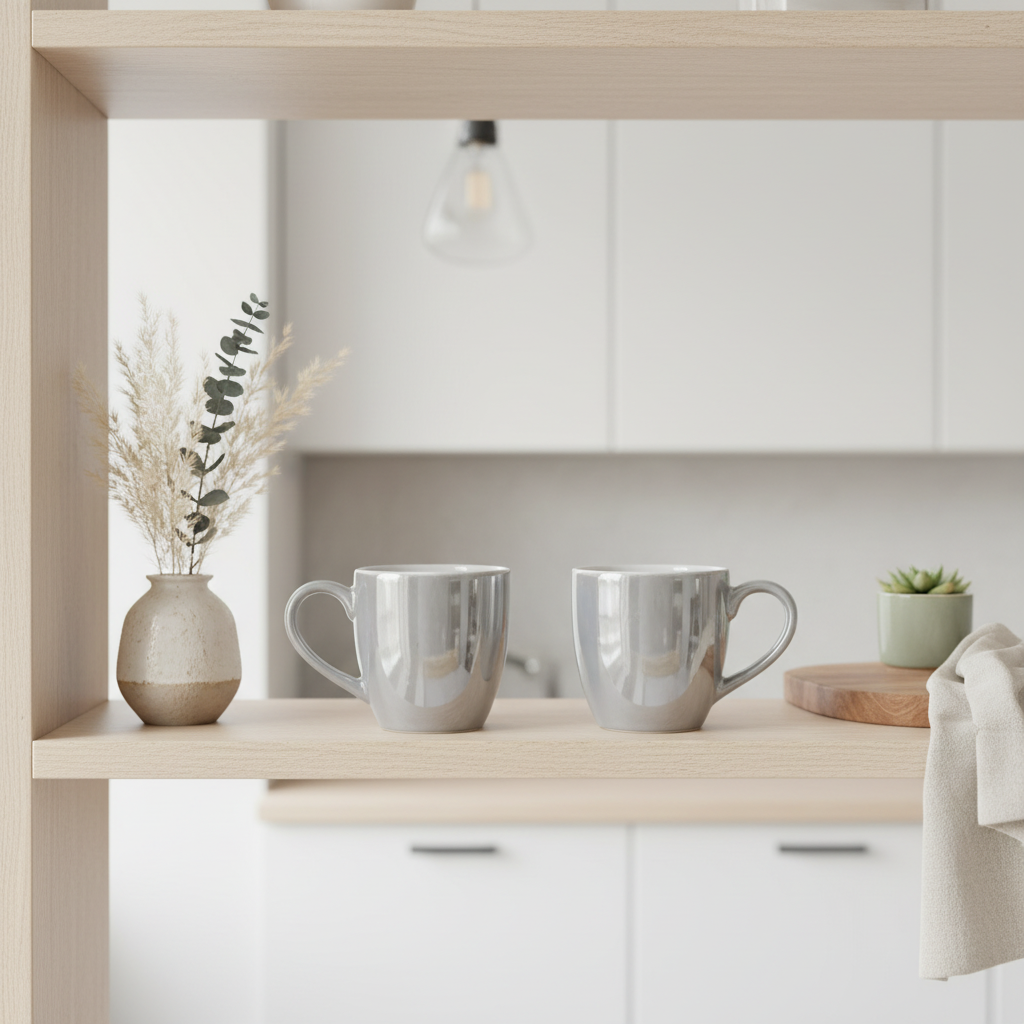Silver glaze ceramic mugs editorial kitchen lifestyle shot