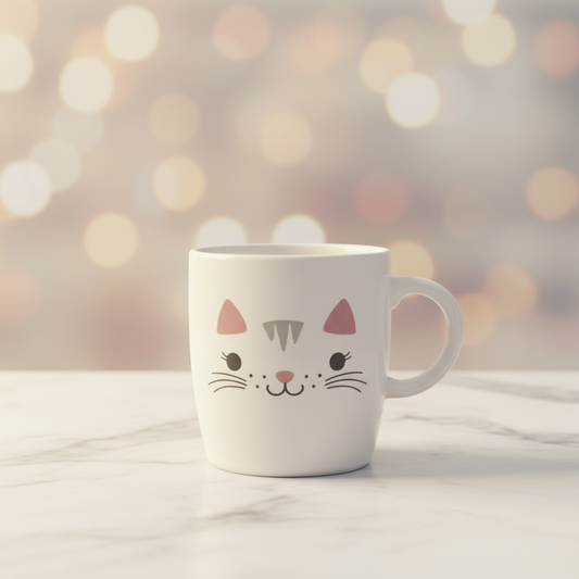 Close-up front view of cat face ceramic mug centred on marble surface